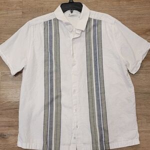 Cubavera White Short-Sleeve Button-Down with Olive & Navy Stripes